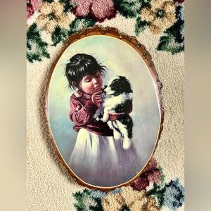 Vintage decoupage girl and her dog wooden wall hanging wall decor